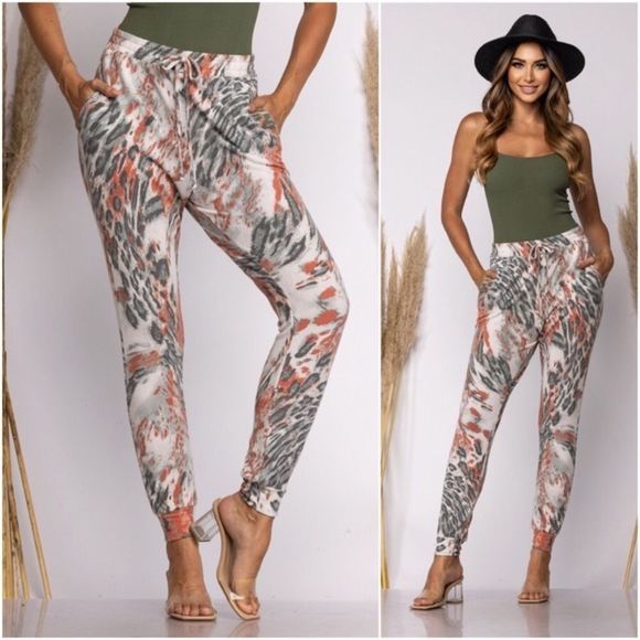 Pants - 031 Ivory, Rust, & Gray Animal Print Leopard Soft Jogger Pants